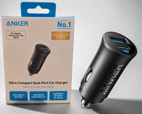 Ultra compact dual port car charger.  30W USB-C out put . Superior portability charge2 device at once
