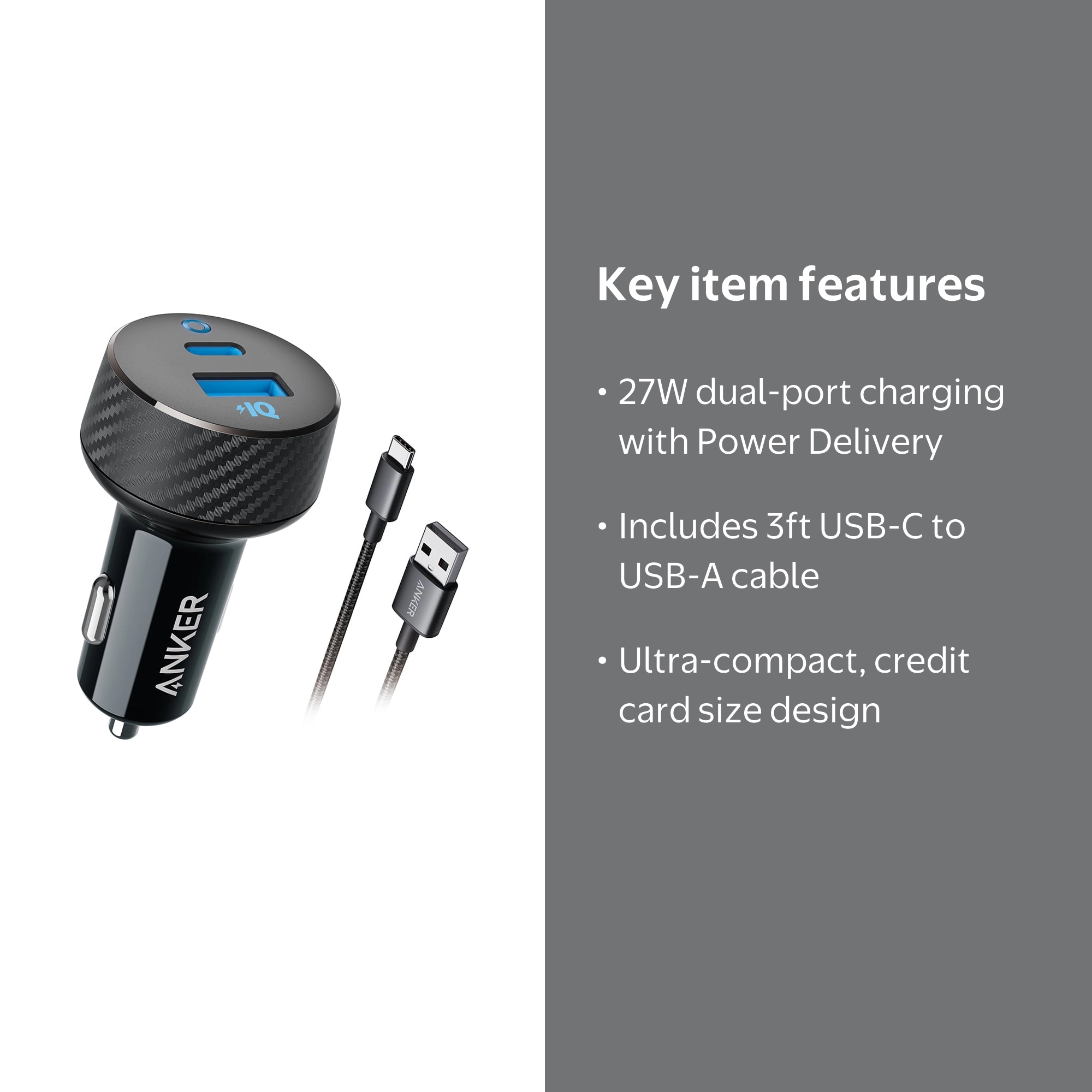 Anker 27W Dual-Port Car Charger (USB-C + USB-A) with USB-C to USB-A Cable, 3 ft