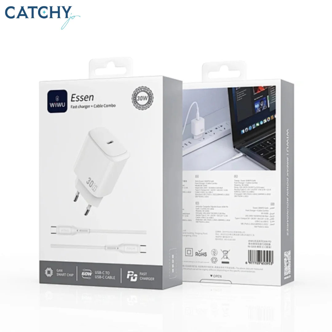 WiWU Essen 20W Fast Charger and Cable Combo in white.