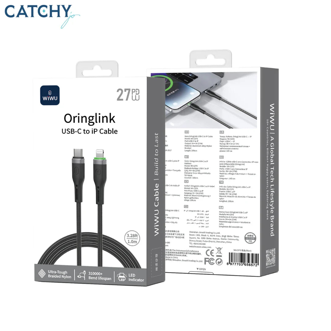 WiWU OringLink USB-C to Lightning cable in black with a 27W charging capacity.