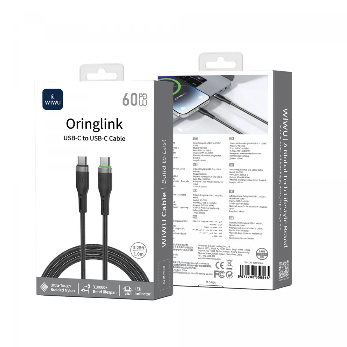 This is a WiWU OringLink USB-C to USB-C cable with braided nylon construction and an LED indicator.