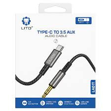 Lito LA02T Type-C to 3.5mm AUX audio cable featuring a durable black nylon-braided design and a 1-meter length.
