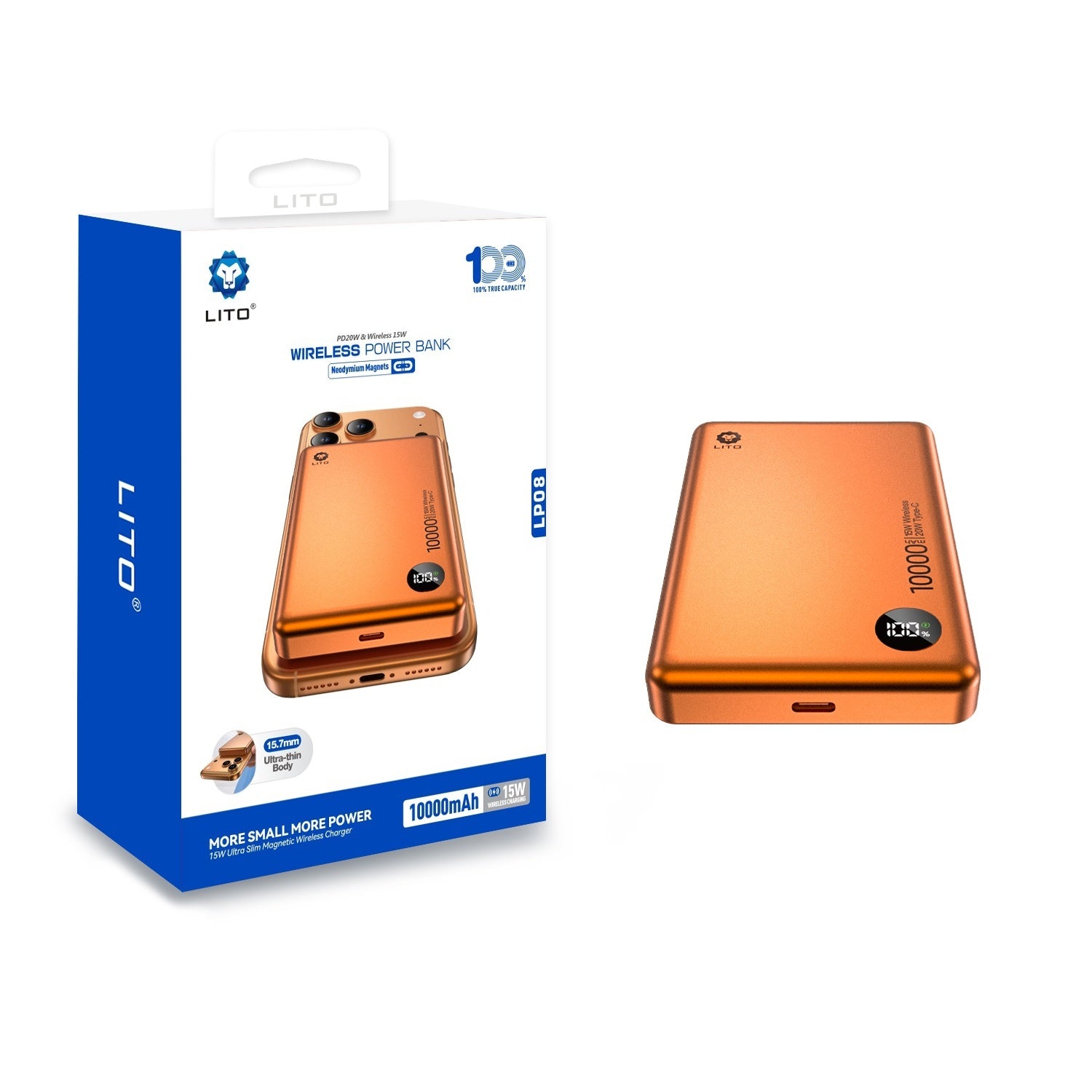 Lito LP08 Wireless Power Bank with 10,000mAh capacity and a 15.7mm ultra-thin body