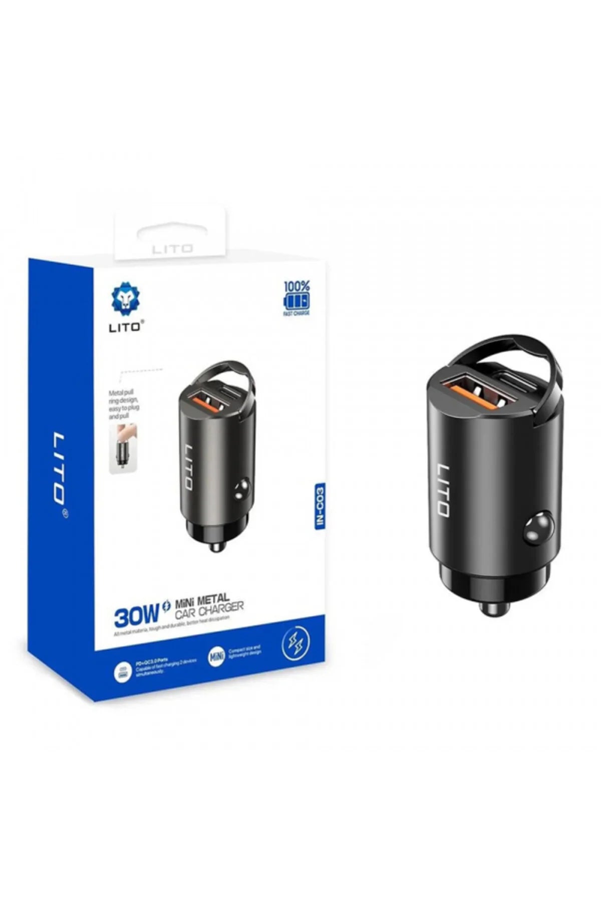 Lito IN-C03 30W Mini Metal Car Charger featuring a pull ring design and dual USB-A and USB-C ports