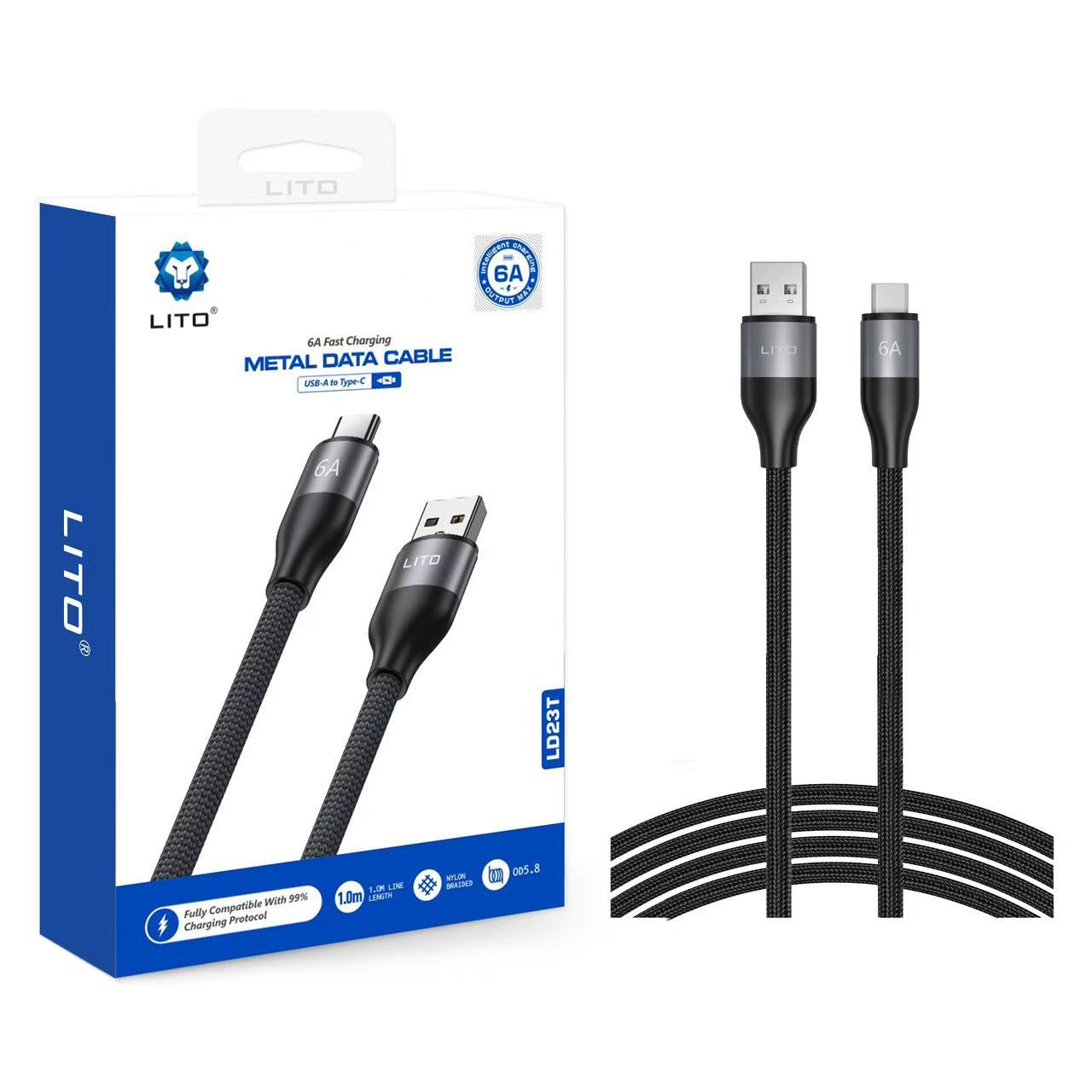 LITO LD23T 6A Fast Charging Metal Data Cable with a 1-meter length and USB-A to Type-C connectors.
