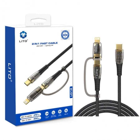 LITO LD12 2-in-1 fast charging cable featuring a nylon-braided design with transparent connector shells